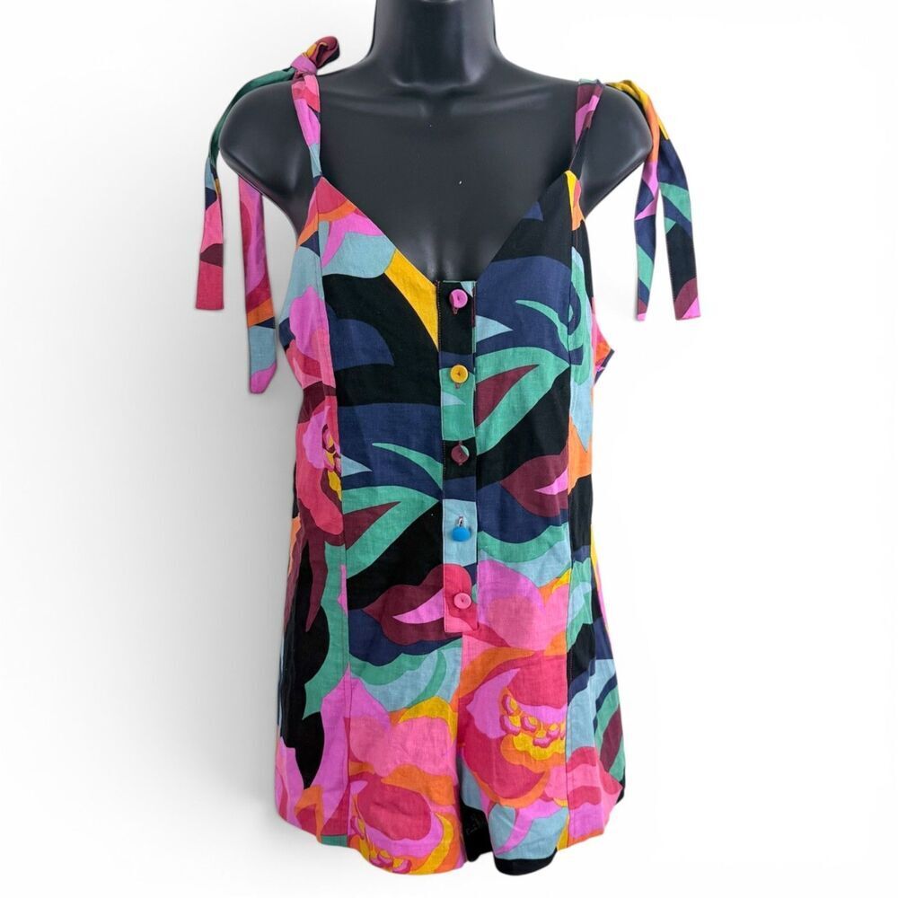 olivaceous linen tie strap abstract floral 70s retro multicolor women's romper S